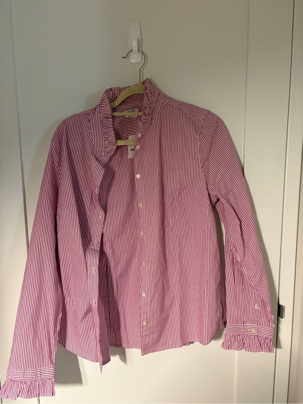 NWT J.Crew Women’s Pink Stripe Ruffle Button Down